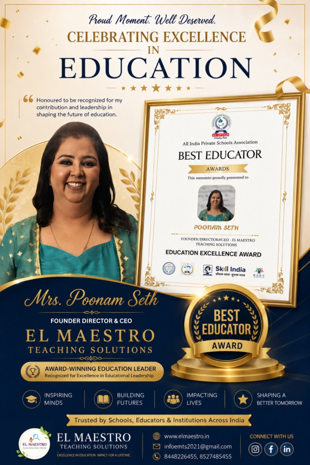 Poonam Seth Honoured with the Best Educator Award